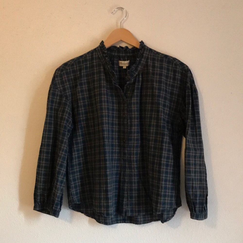 Madewell Plaid Ruffle-Neck Popover Top size Large